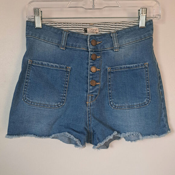 Roxy The Sun Shines Denim High Rise Button Womens Shorts Size 27 Cut off Raw Hem - Picture 2 of 10